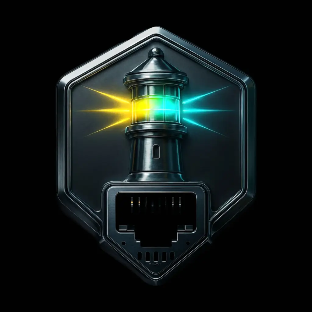 The BEACN beacon: a steel lighthouse badge with amber and cyan light
